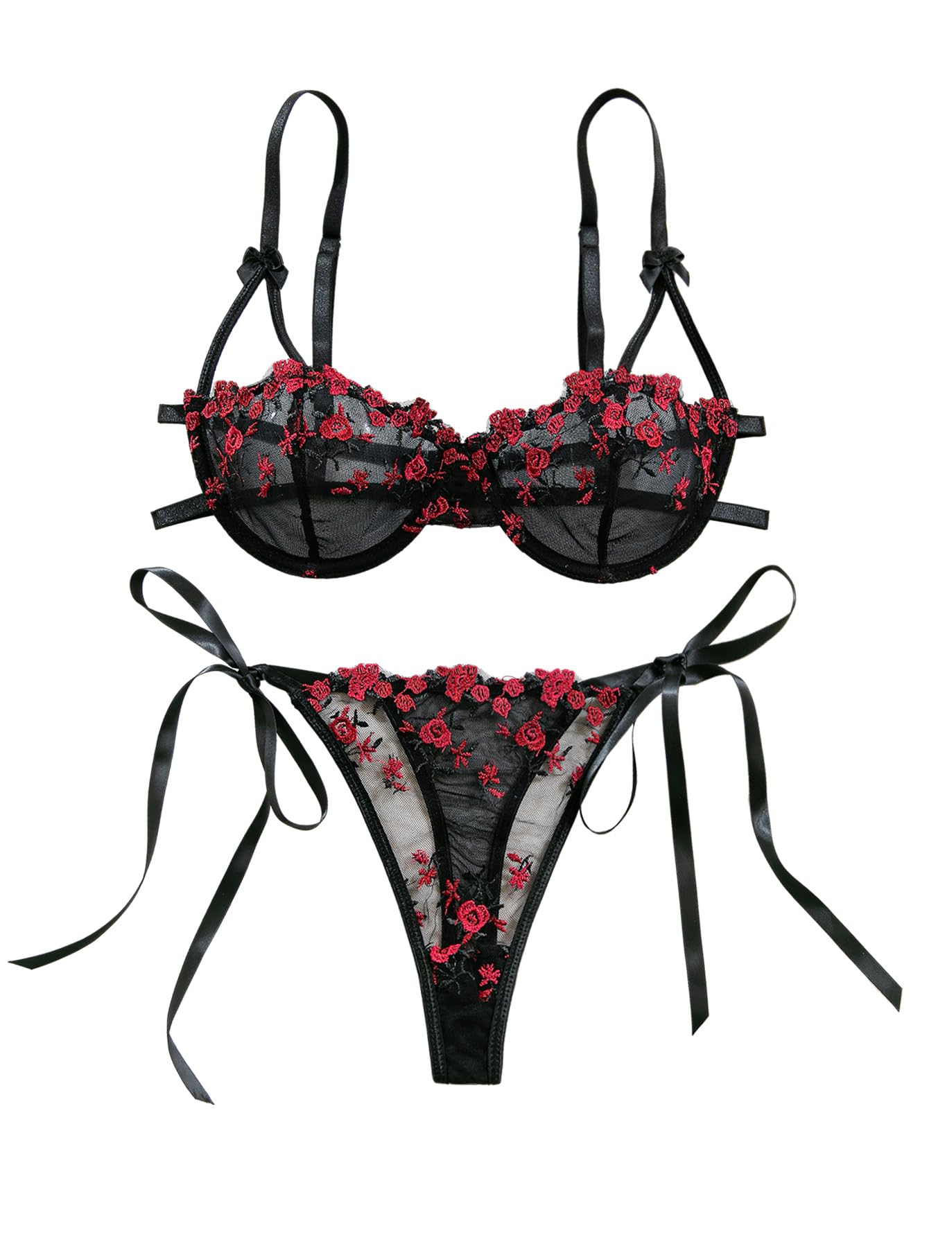  Lilosy Sexy Tie Side Cute Underwire Push Up Strappy Embroidered Mesh Sheer Lingerie Set for Women  
| Lilosy Underwire 